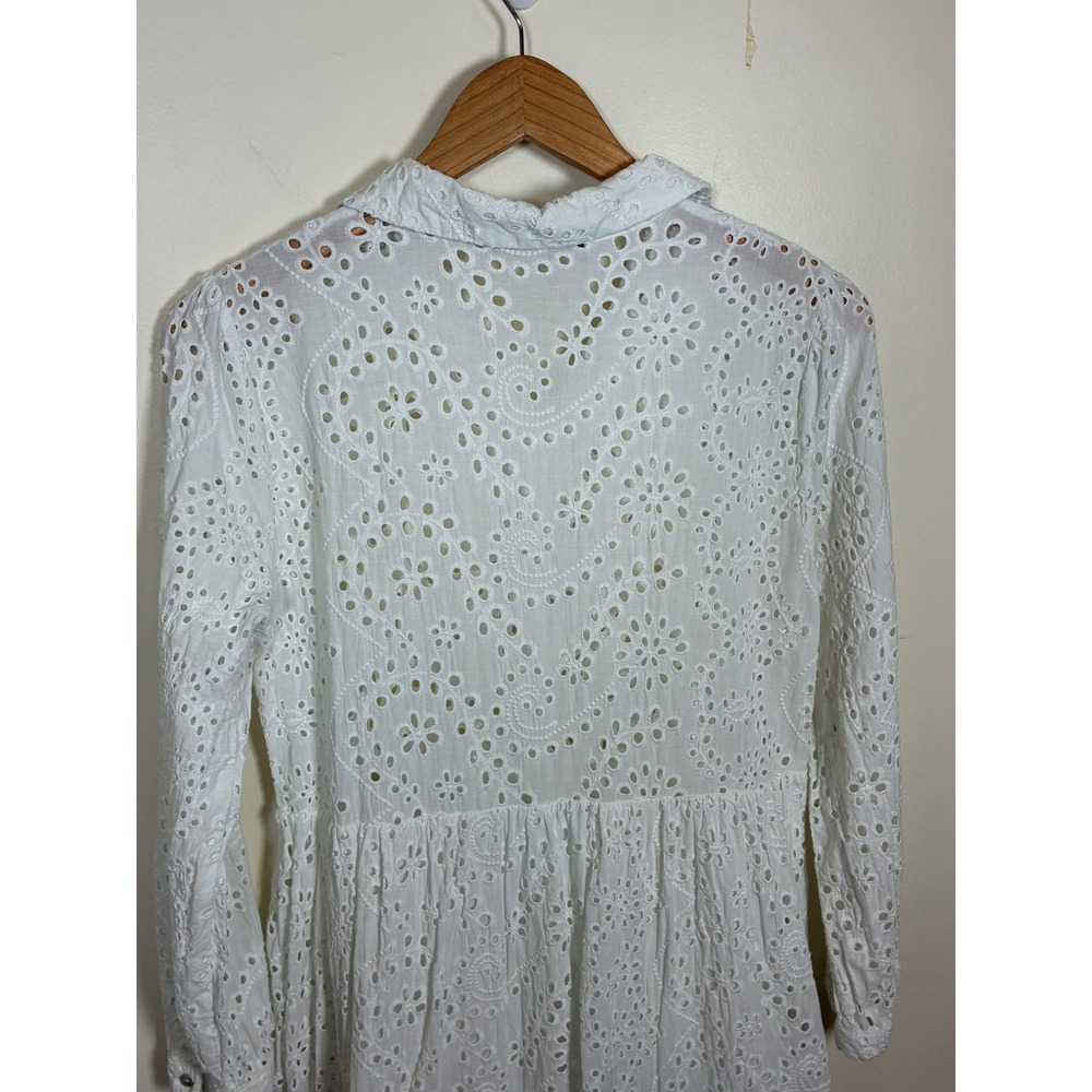 Zara Eyelet Embroidered Tiered Midi Dress Size M White Long Sleeve Bridal Beachy - Picture 10 of 10